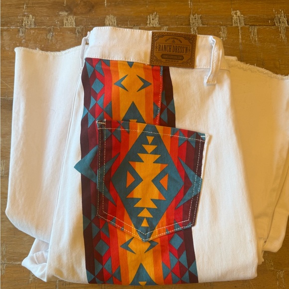 Ranch Dress’N Denim - Ranch Dress'n White Flare Jeans with Multicolor Aztec Accent